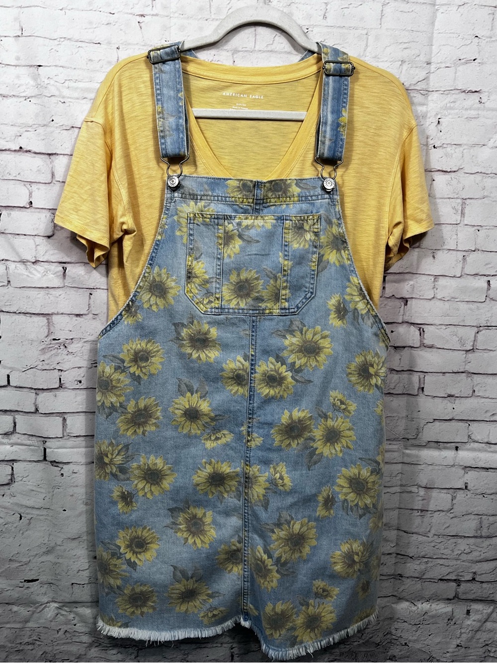 American Eagle Outfitters Bib Overall Denim Dress Jumper Large Sunflower Yellow